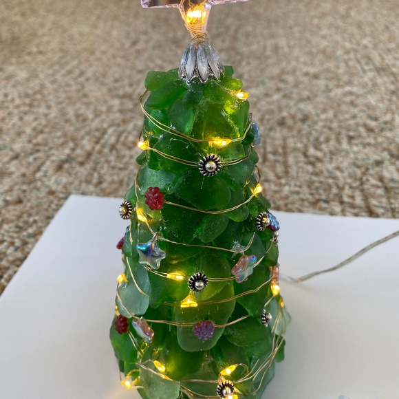Sea Glass Christmas lighted tree. Handmade with seagrass found on Mexico beach. - Picture 2 of 5